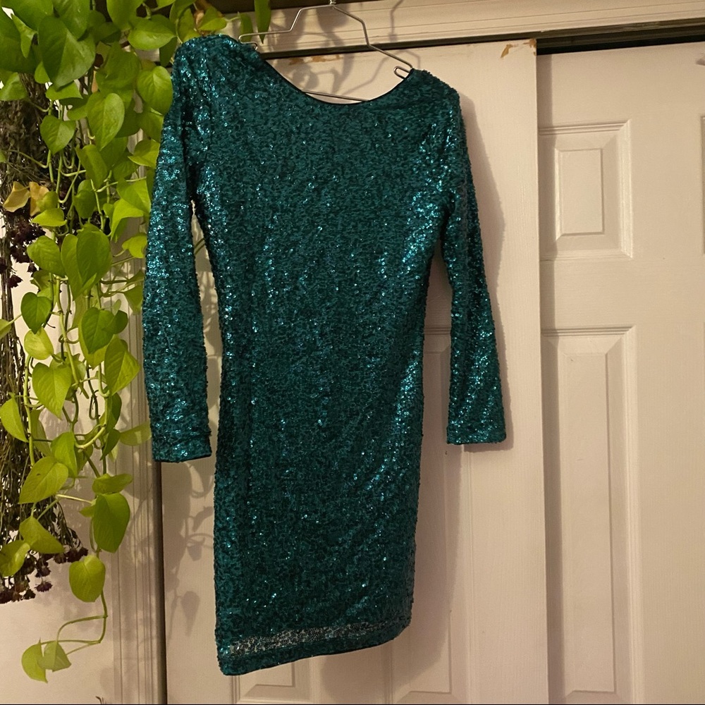Teal Sequence Backless New Years Party Dress